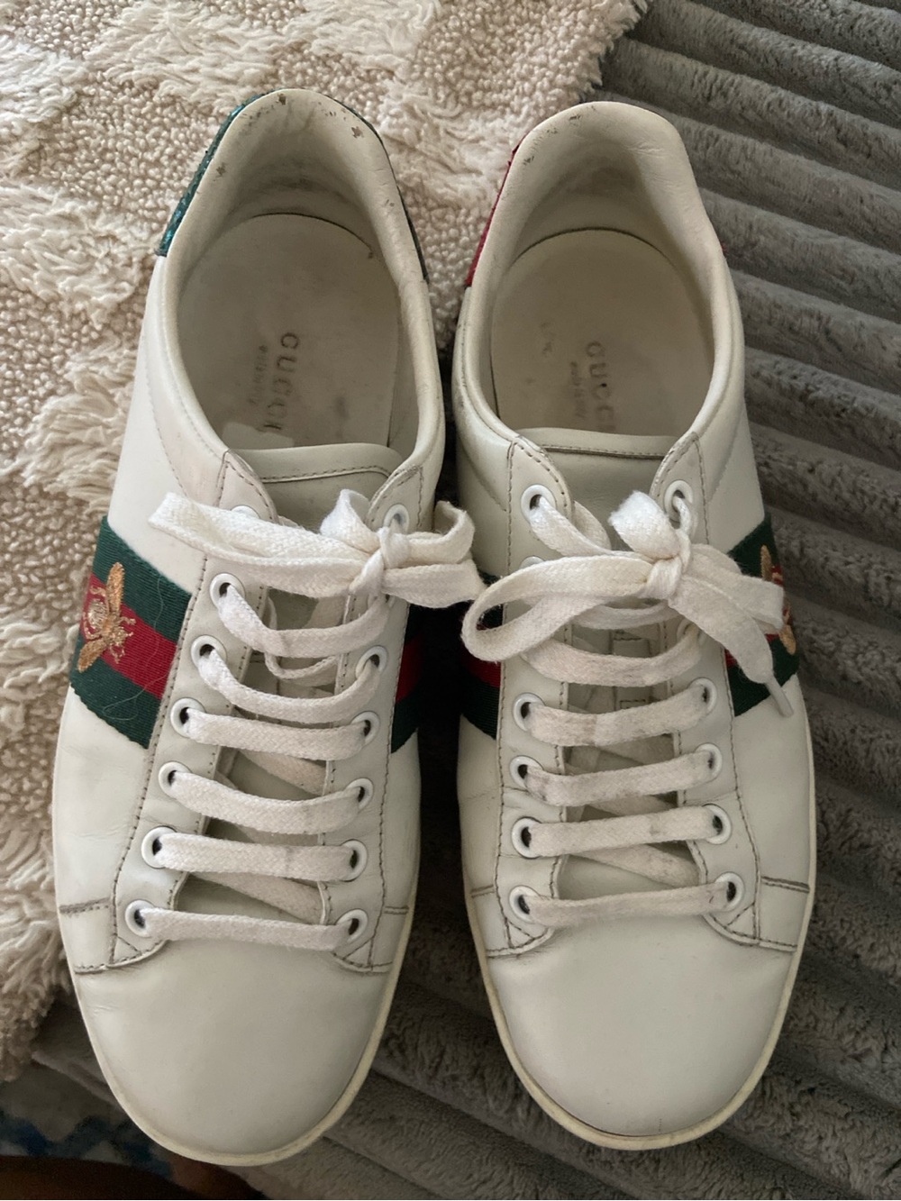 Gucci Ace Bee Sneakers White Leather Web Stripe Size 37